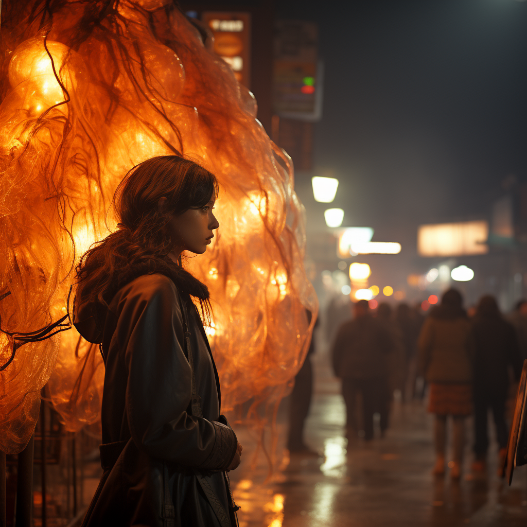 Asian girl captivated by glowing amber cocoon