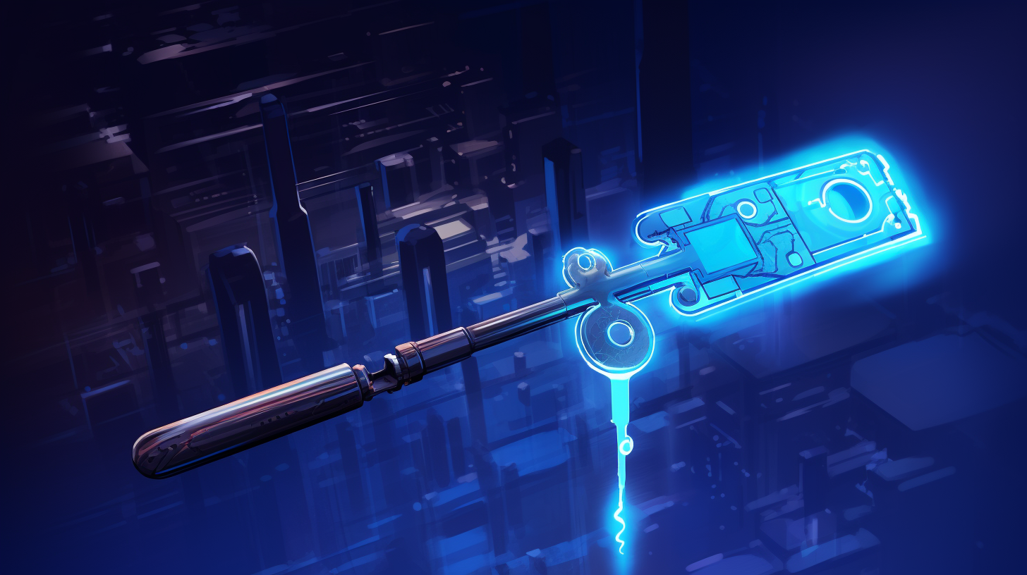 Glowing blue key floating above pedestal in futuristic design