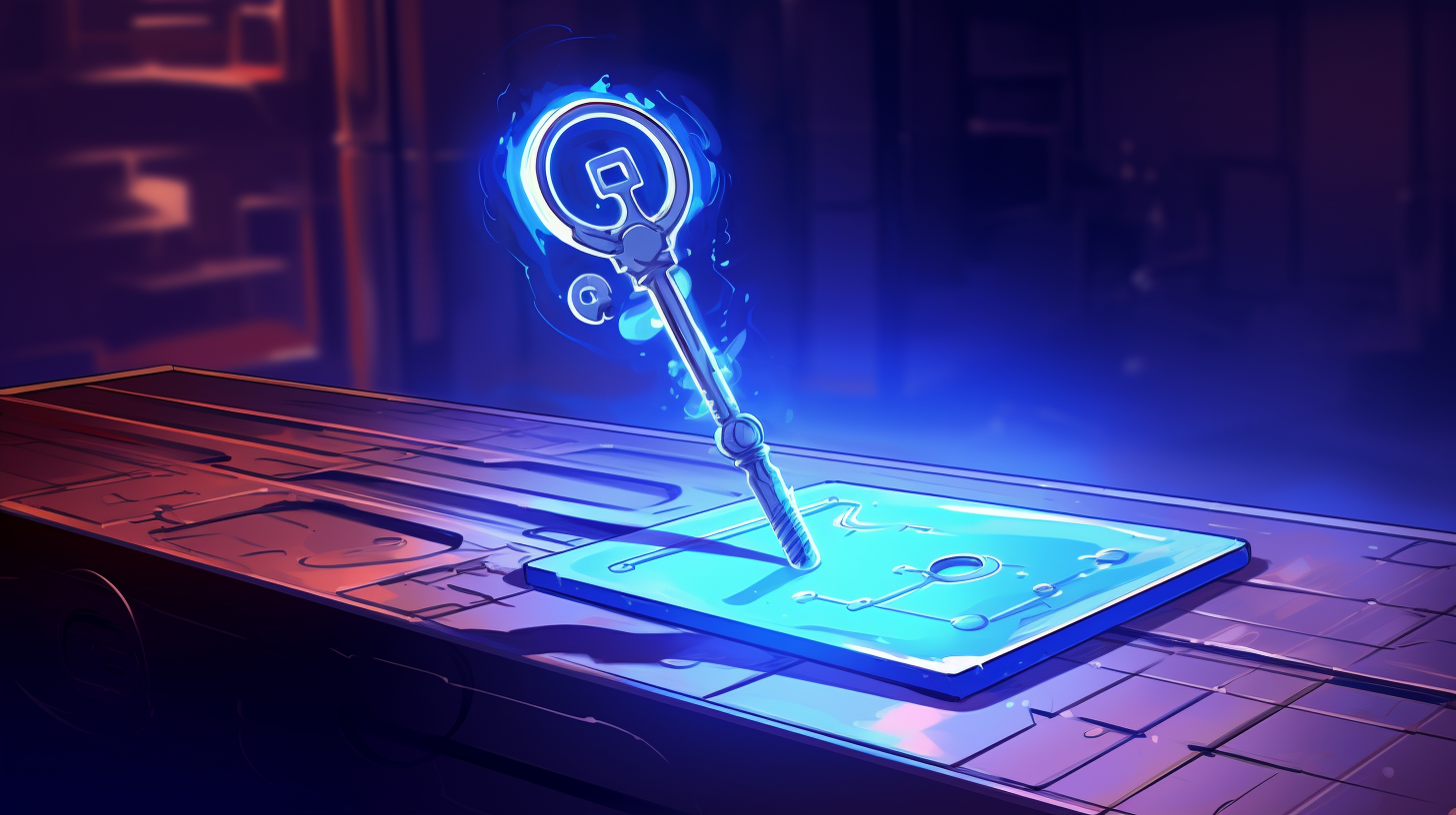 Glowing blue key floating above wooden pedestal