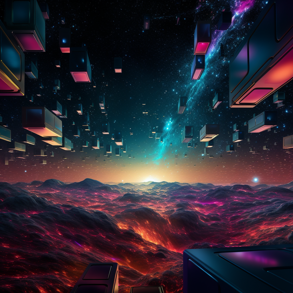 Glowing colorful VHS cases in space