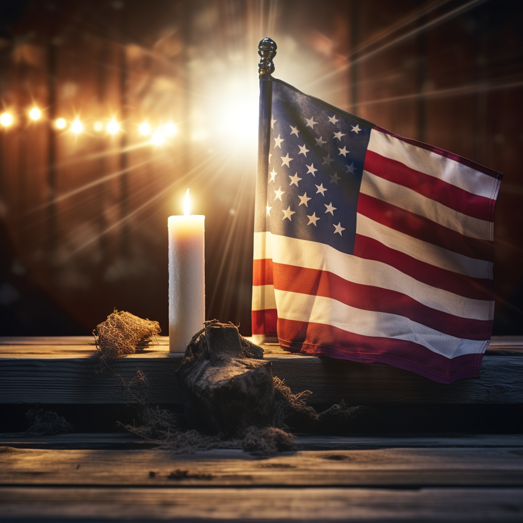 Glowing cross on wooden table with American flag