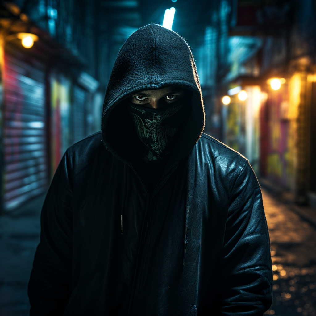 Man with Glowing Eyes in Dark Alley