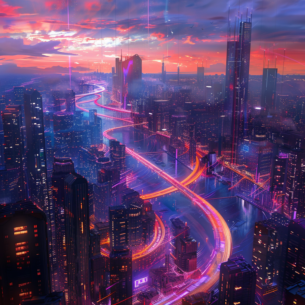 Glowing fiber optic cable futuristic city