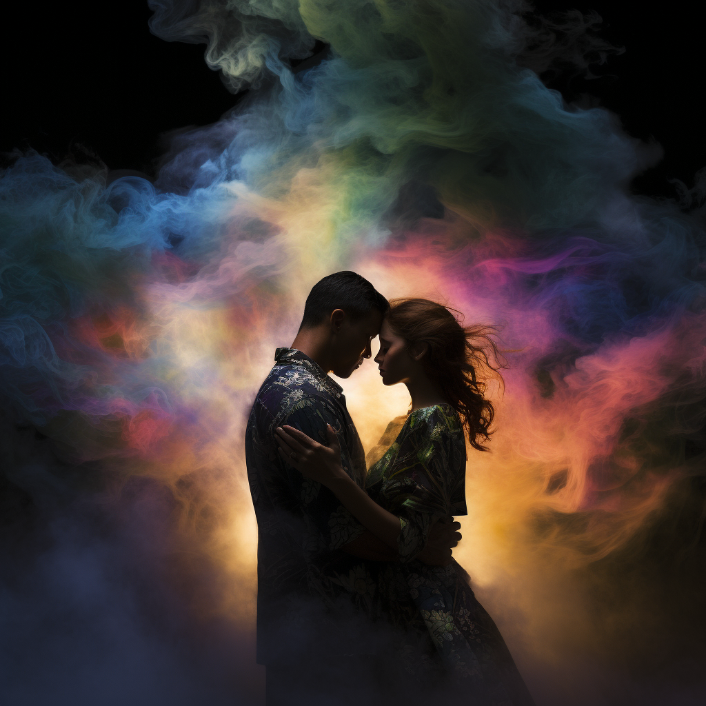 glowing fog tropical spring colored smoke silhouette couple