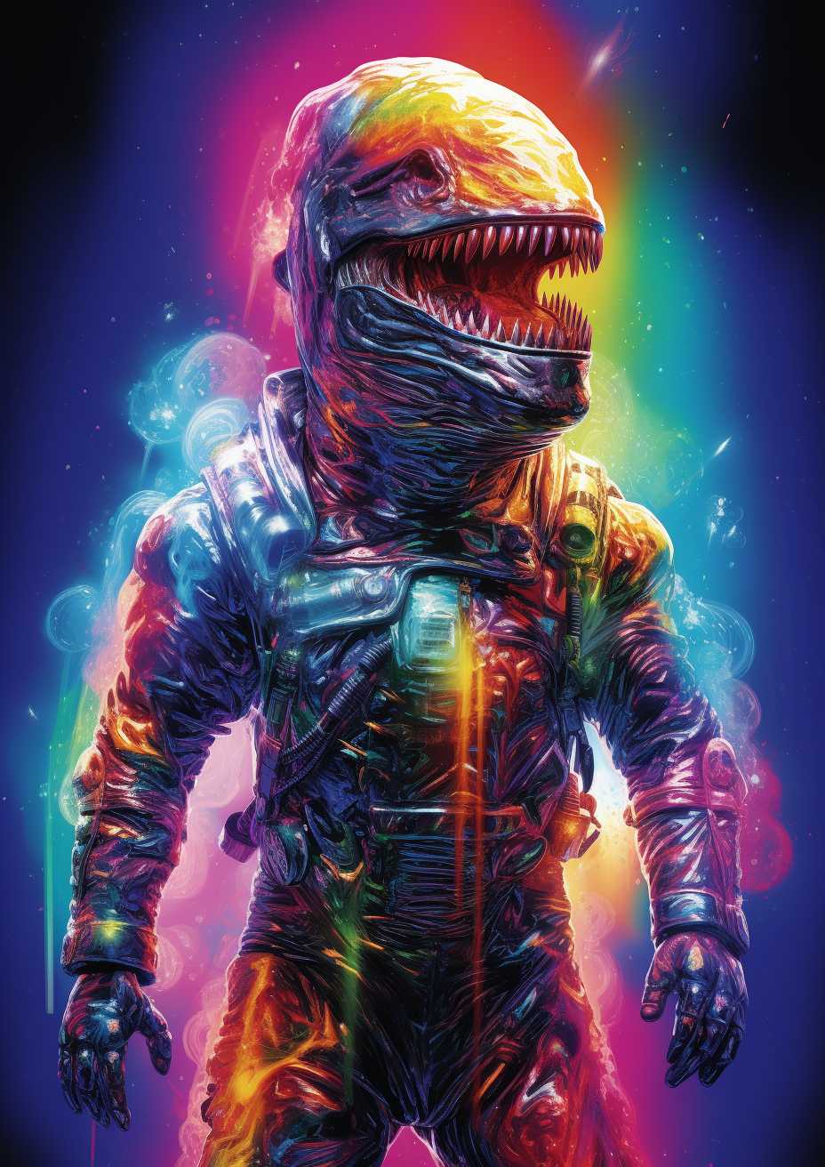 Mystical glowing T-Rex astronaut in crystal