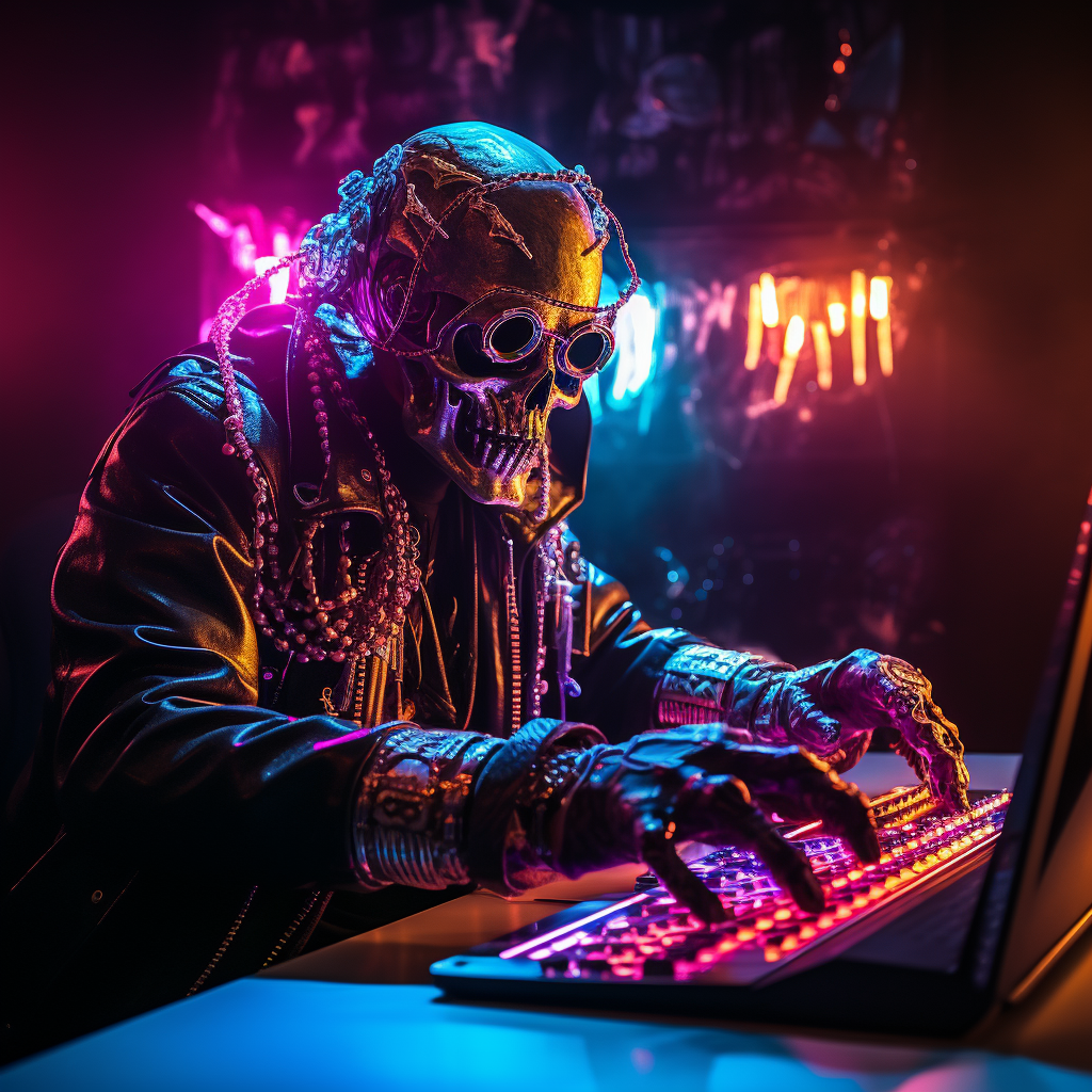 DJ wearing light-up LED cyborg skeleton mask