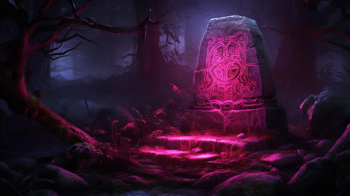 Photorealistic stone with glowing magenta runes