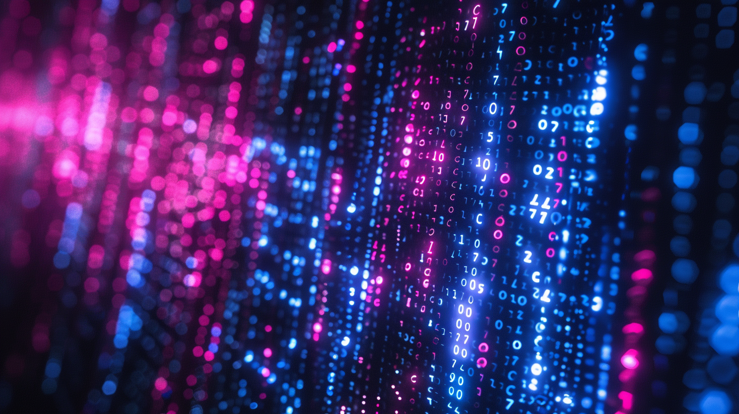 Glowing cyan blue and magenta matrix code