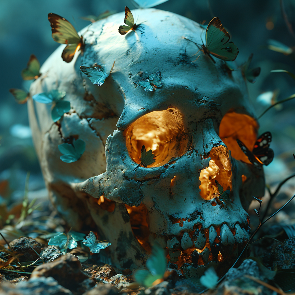 Beautiful glowing butterflies surrounding a skull