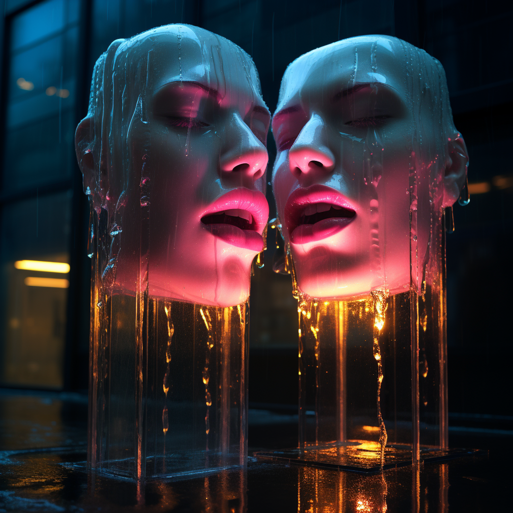 Glowing neon lips on architectural backdrop