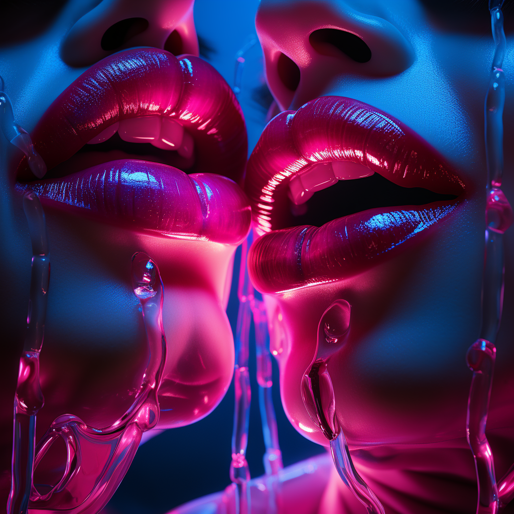 Closeup of Glowing Neon Lips Dripping with Brutalist Architecture