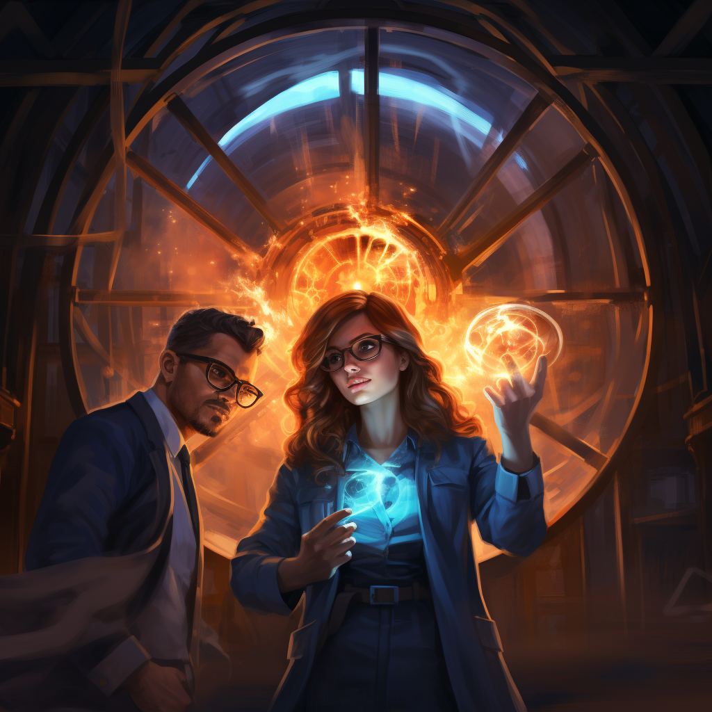 Brilliant scientist and assistant standing before a glowing portal