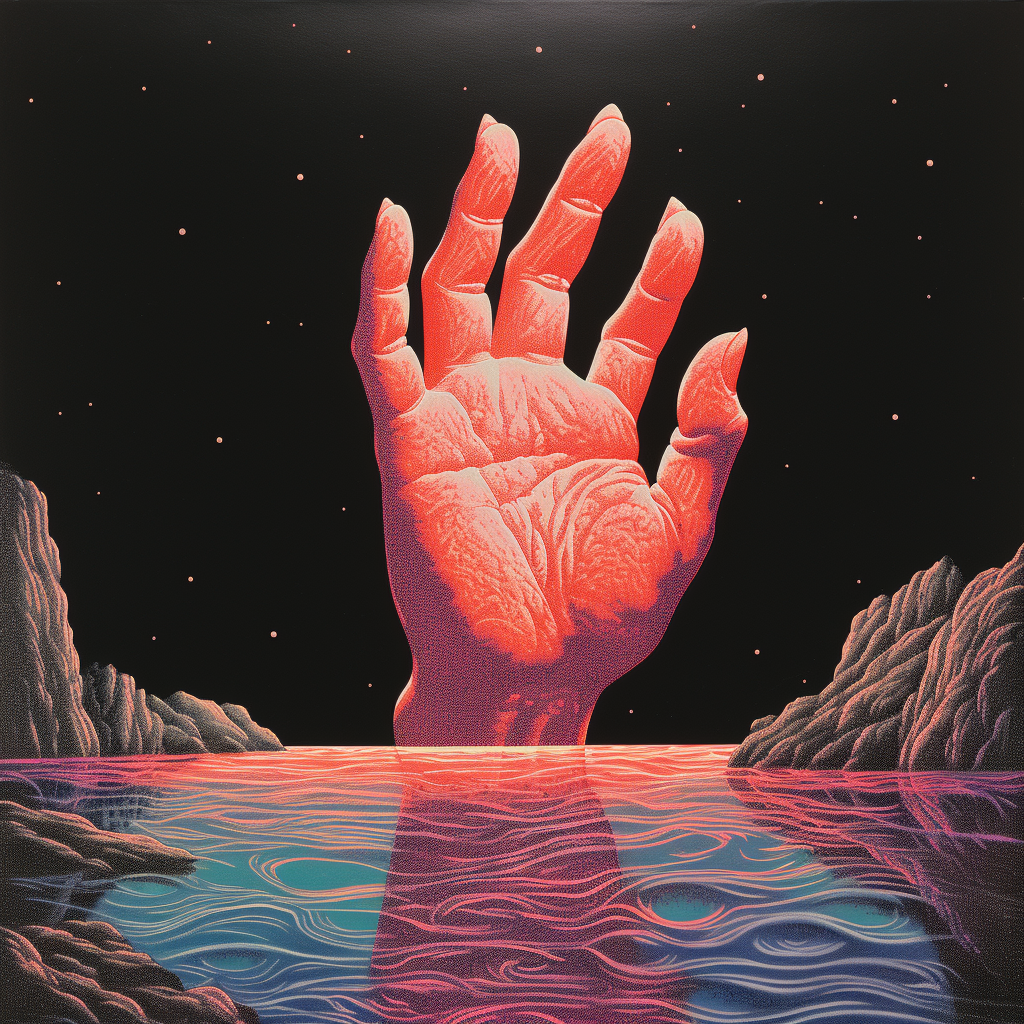 Glowing rock floating above hands in surreal scene