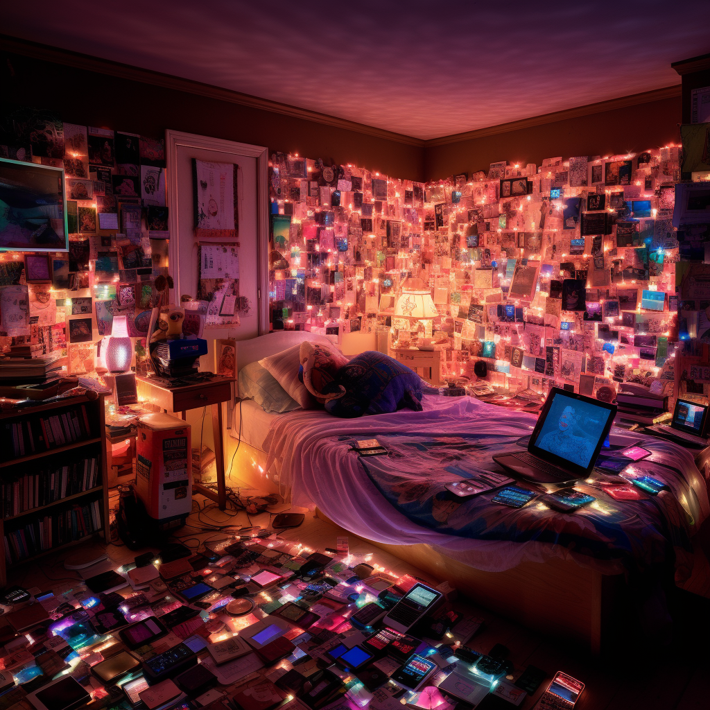 Eerie bedroom with glowing smartphones