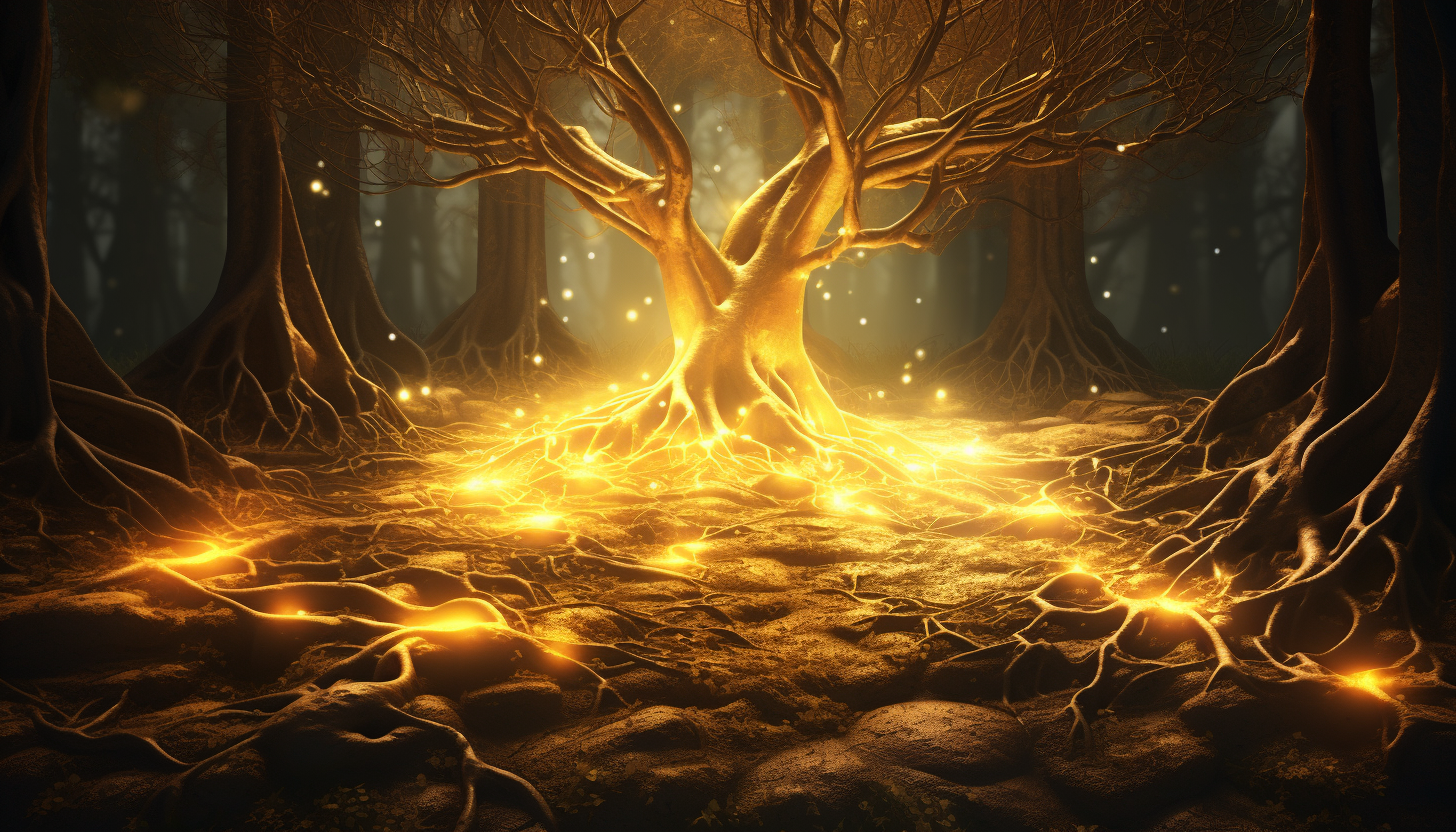 Brightly Glowing Tree Roots Interconnected Network