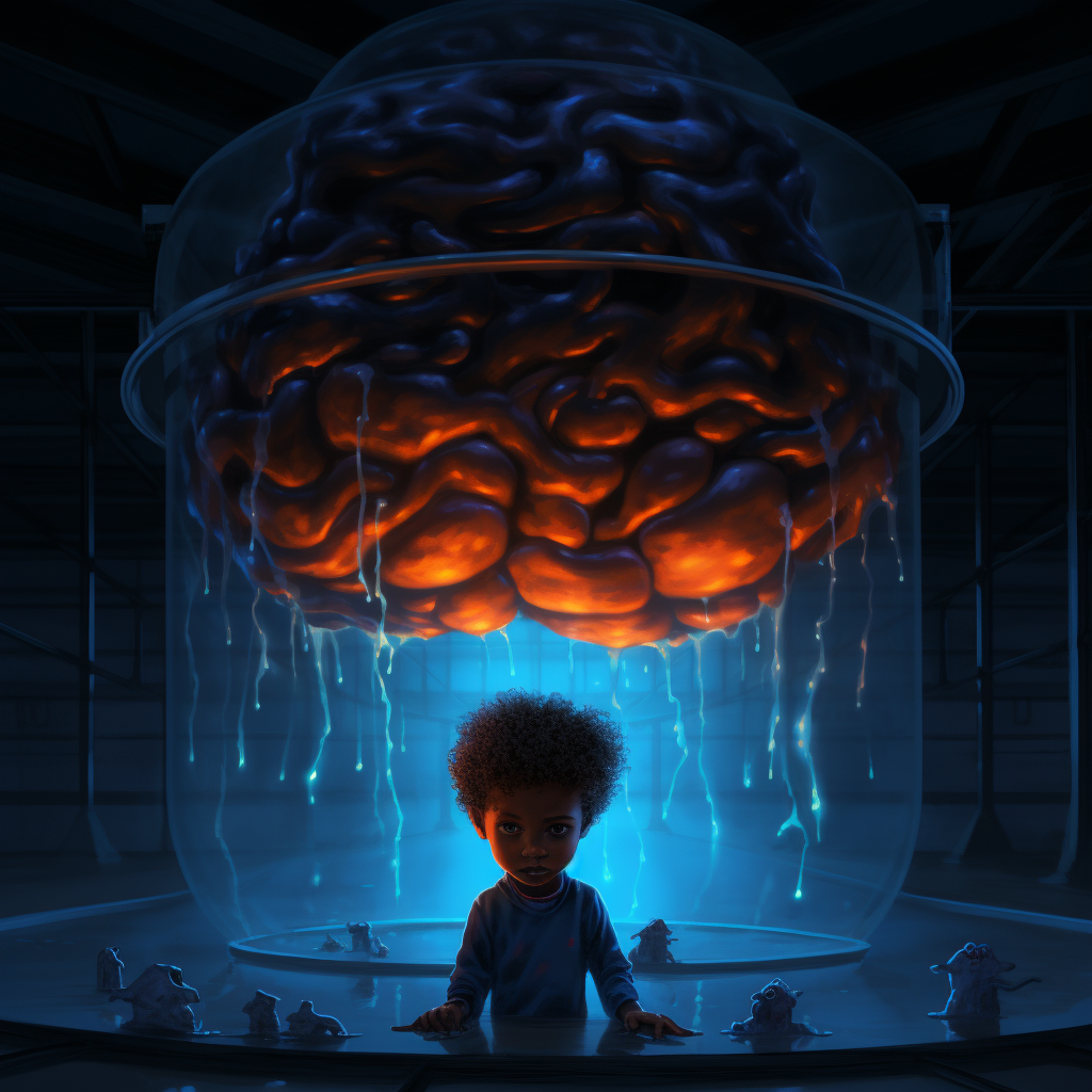 Young boy fascinated by floating human brain