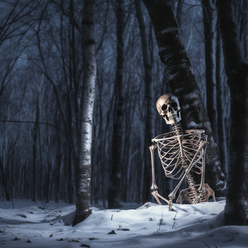 Hyper-realistic glowing skeleton in winter forest