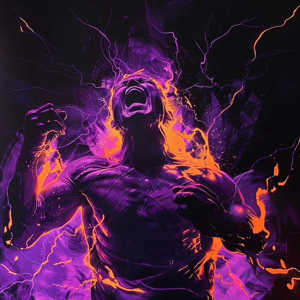 purple orange man screaming black background