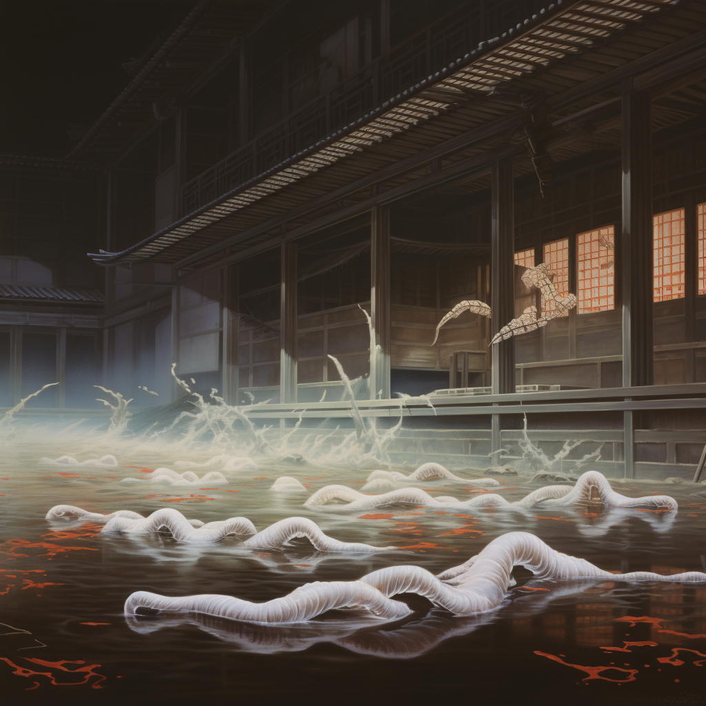 Semitranslucent glowing white worm in rural Japanese government building