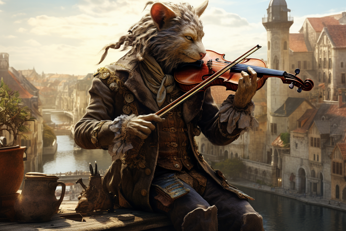 Less Hairy Gnoll Playing Violin with Window City View