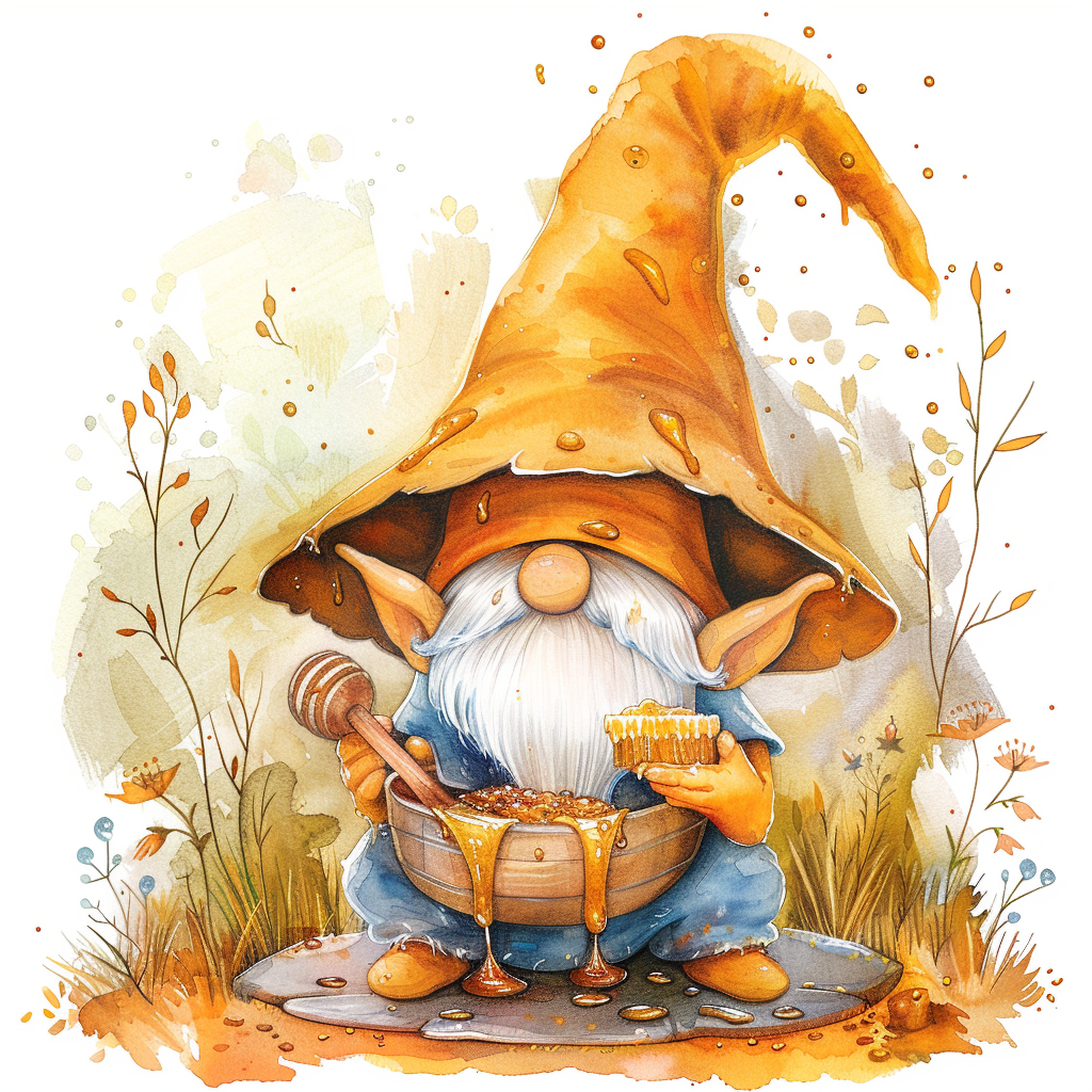 Cute gnome with big hat eating honey