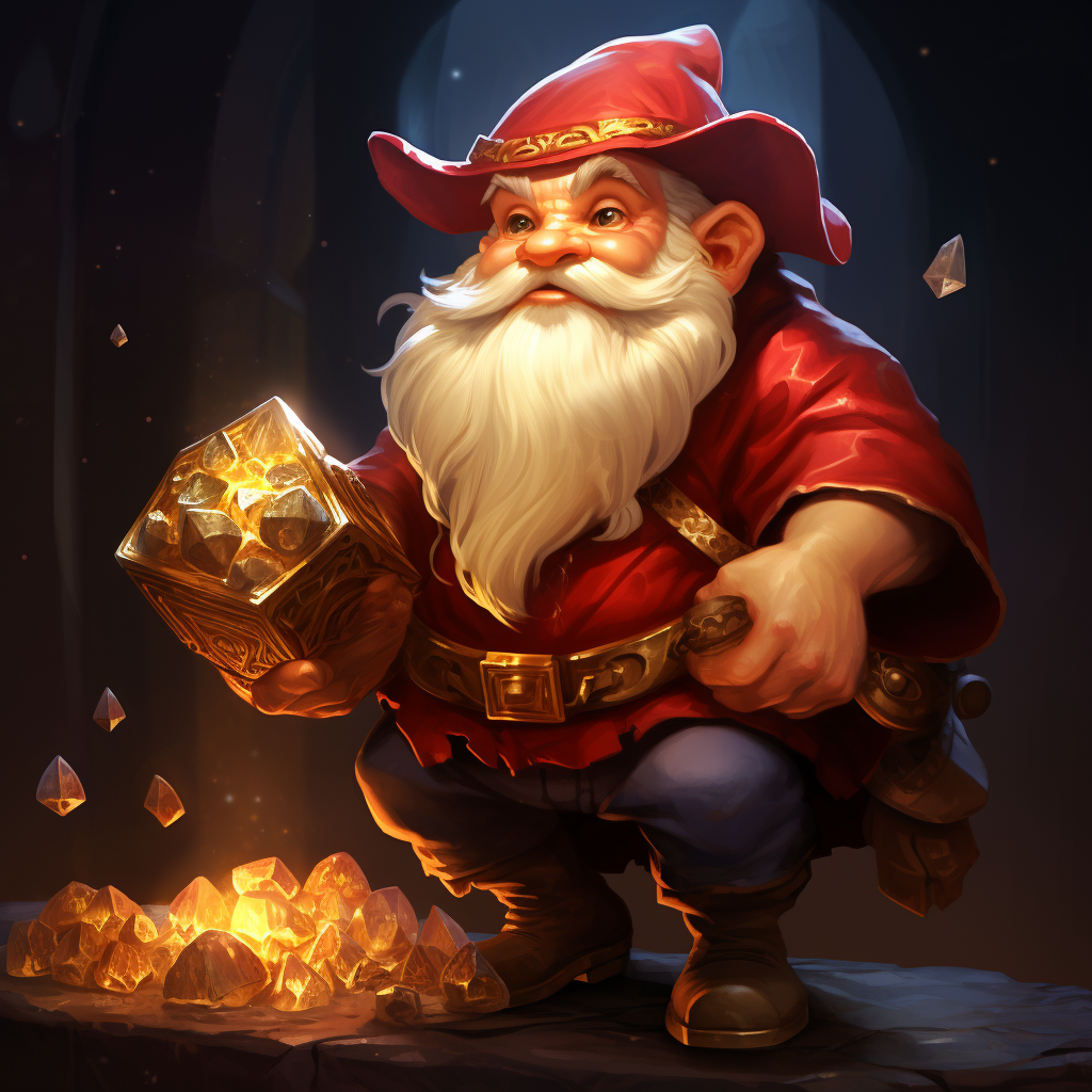 Gnome holding a bag of gold and precious stones