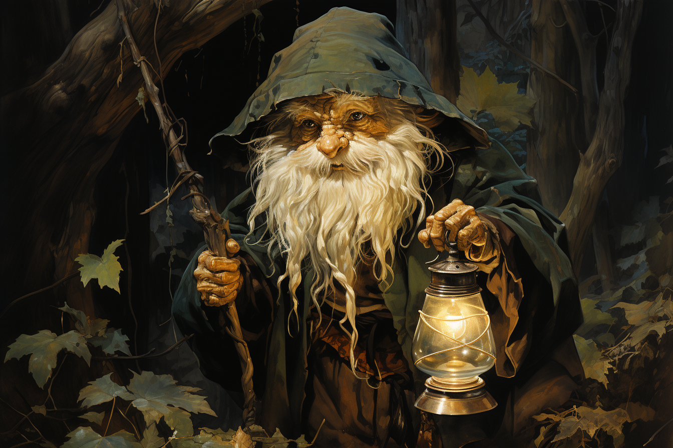 Gnome walking with a lantern through the dark forest