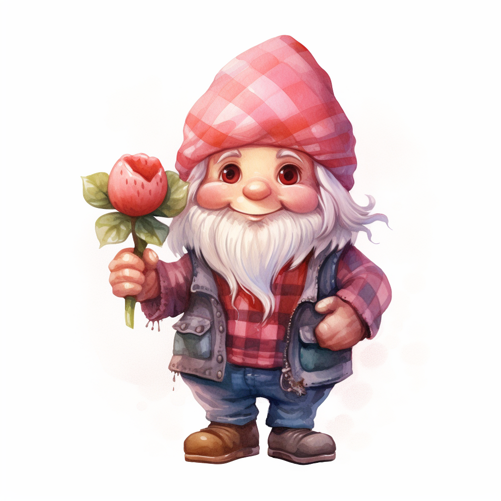 Cartoon gnome holding a heart-shaped strawberry