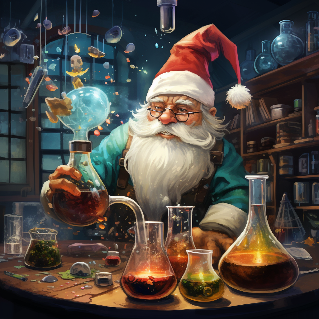 Gnome scientist brewing Christmas beer