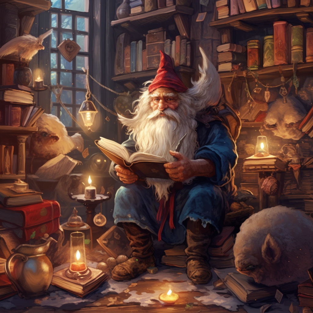 Gnome wizard in a magical library