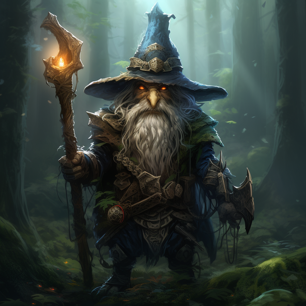 Enigmatic gnome wizard warrior in dark forest