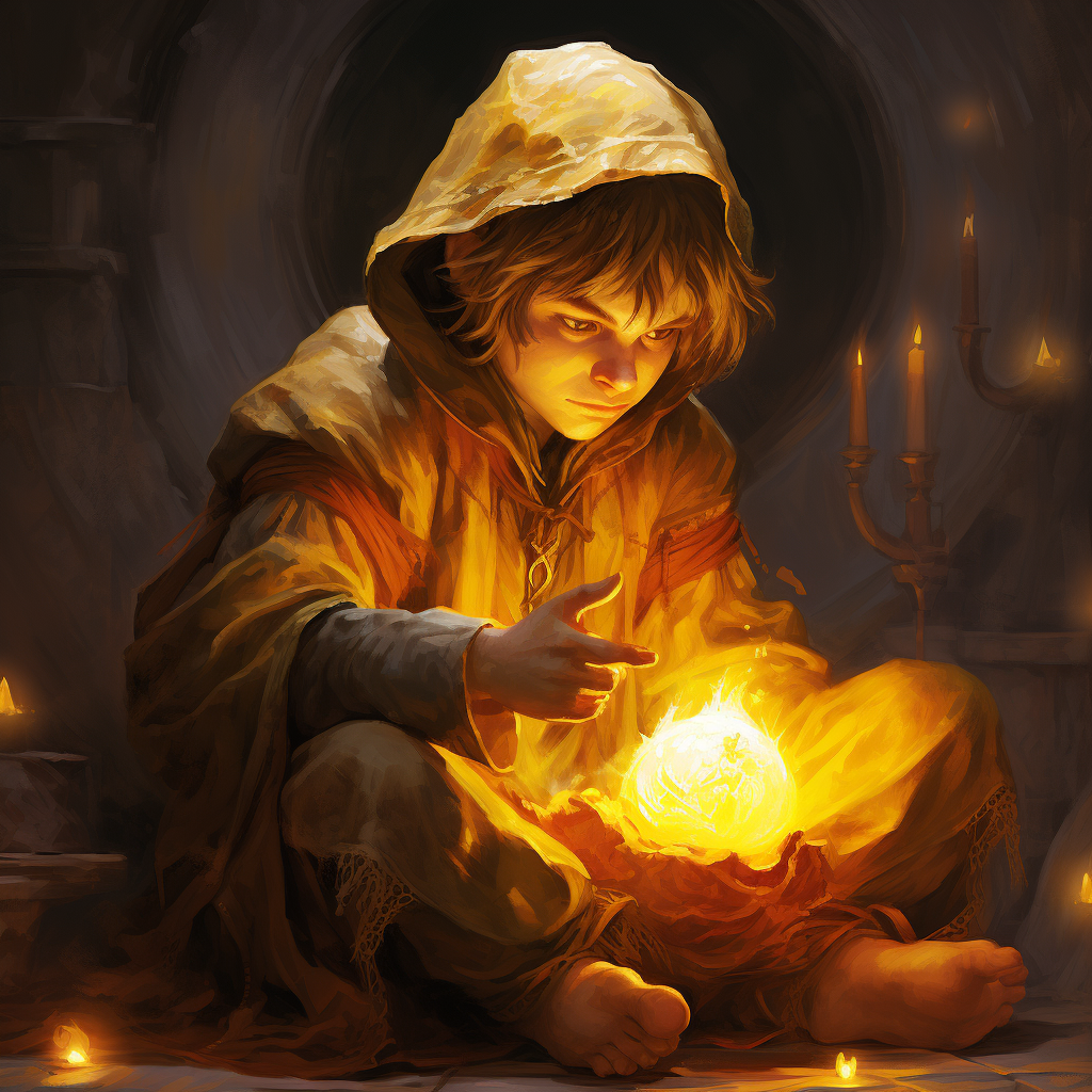 Gnome wizard holding flames in hands