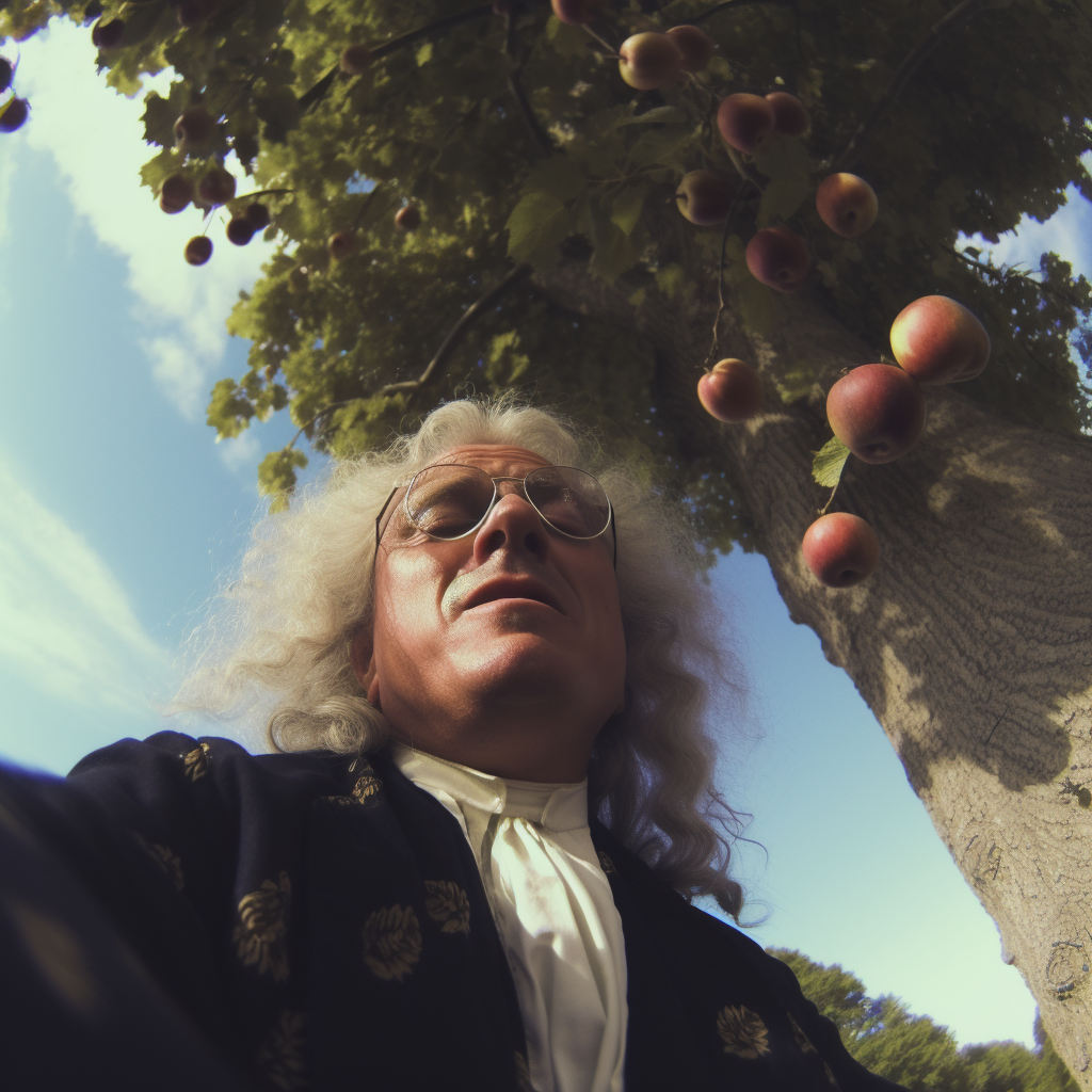 Sir Isaac Newton watching apple fall