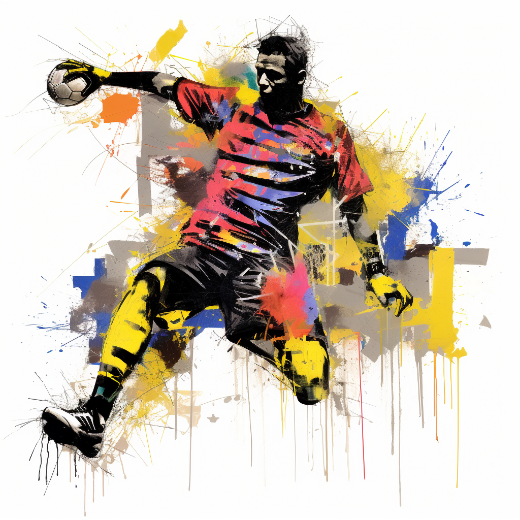 Goalkeeper blocking shot in basquiat style artwork