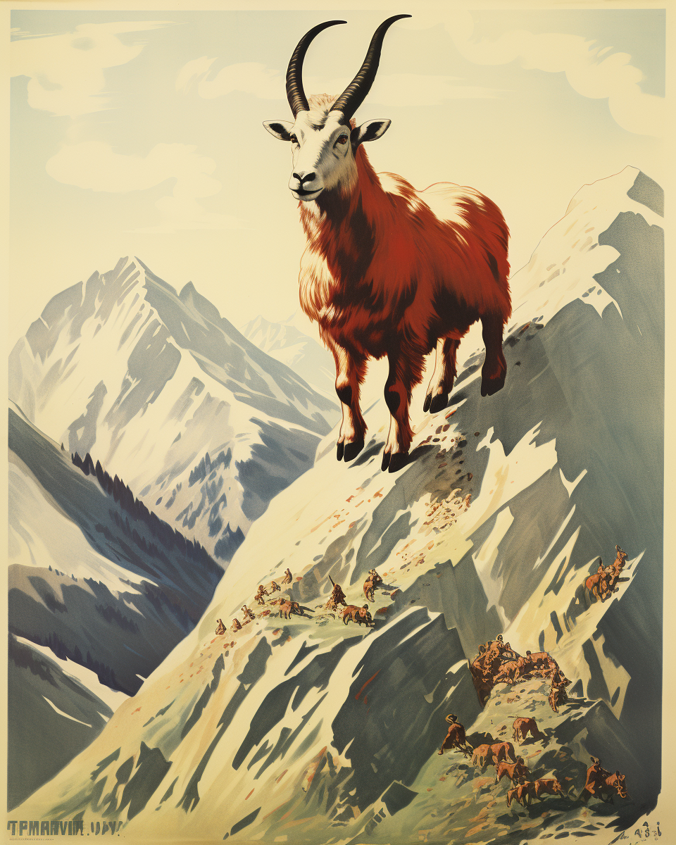 Goat Climbing Mountain Soviet Poster 1950s