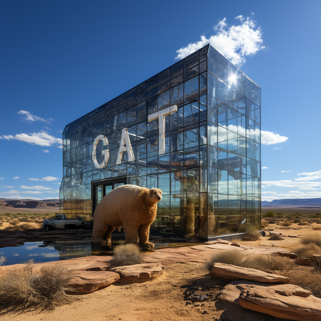 G.O.A.T  on glass building in desert