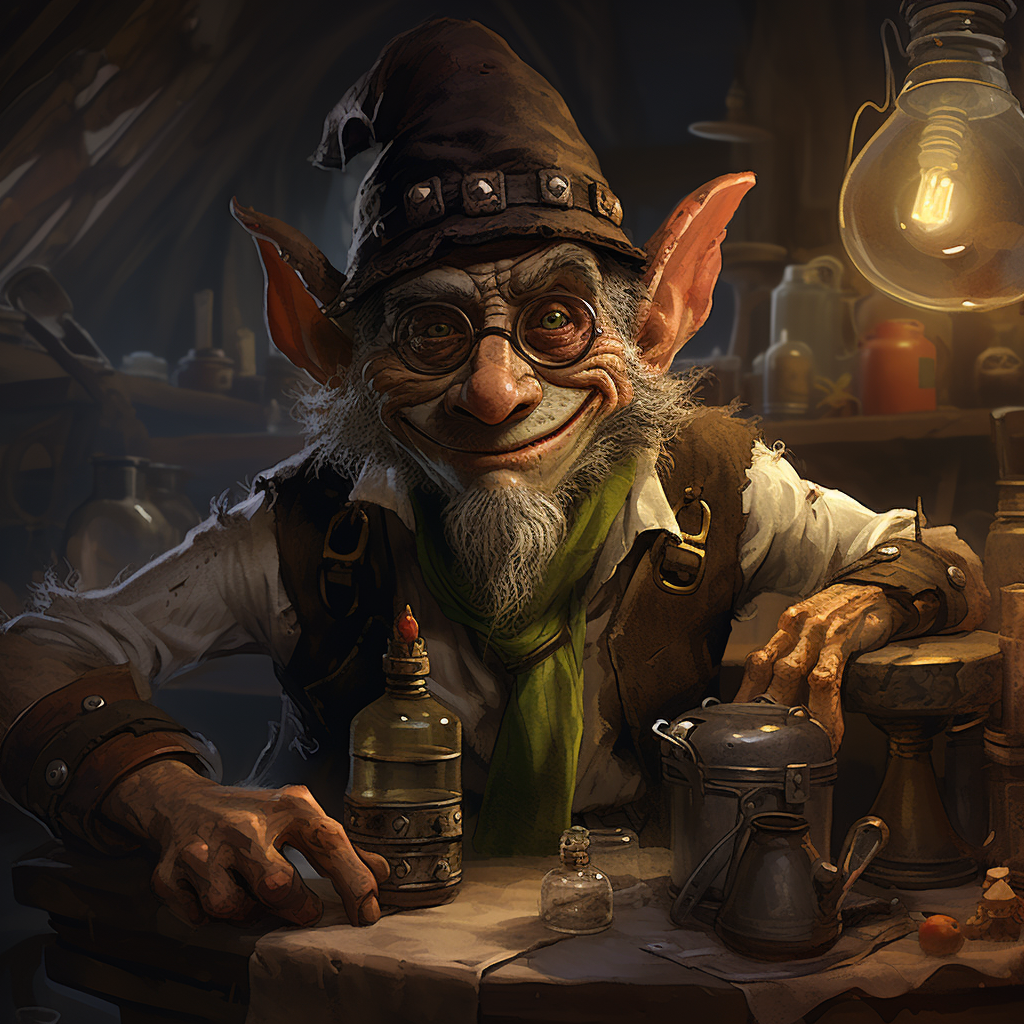 Middle-aged goblin tinkering with various objects