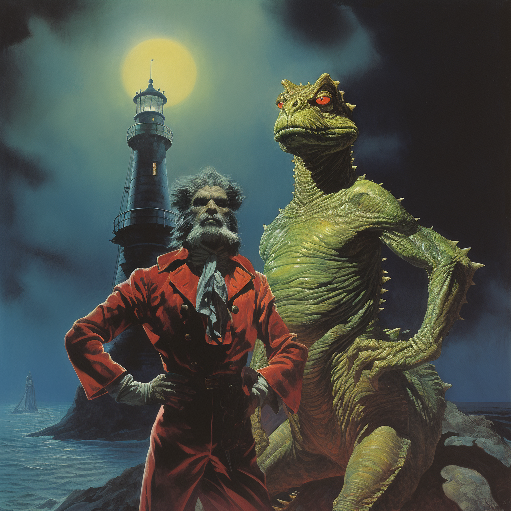 Goblin Artificier and Lizardman wearing Karate Outfit in front of a Dark Lighthouse