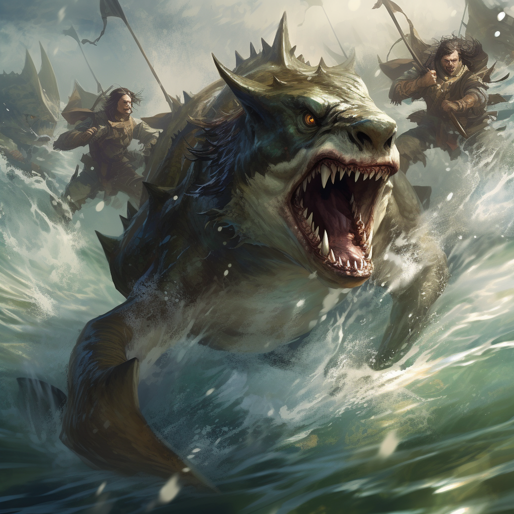 Goblin barbarian leaping over water with shark's mouth