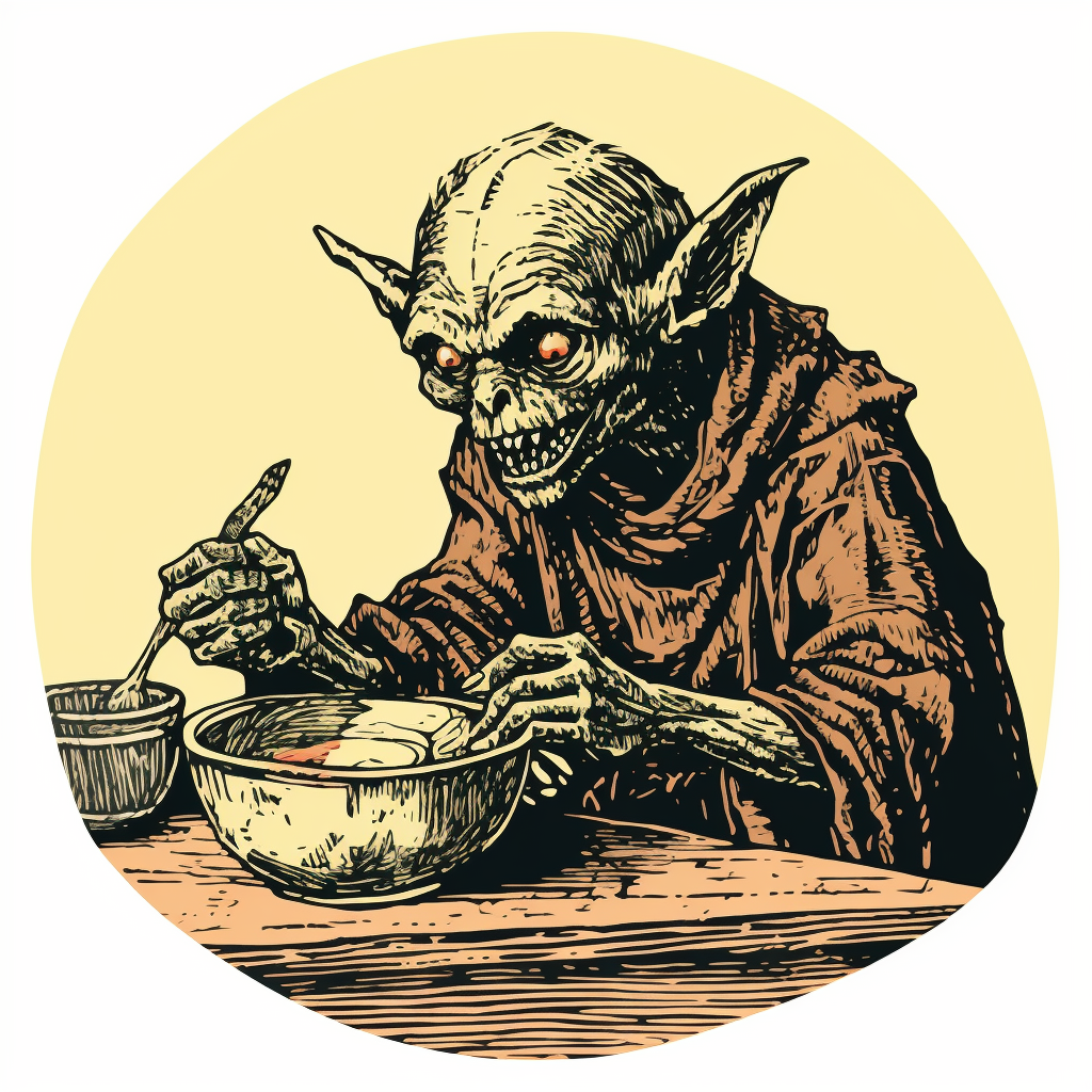 Goblin enjoying cereal in woodcut style