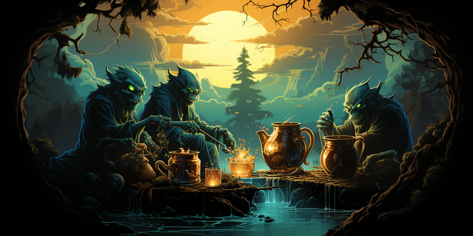 Goblin friends brewing beer around a cauldron