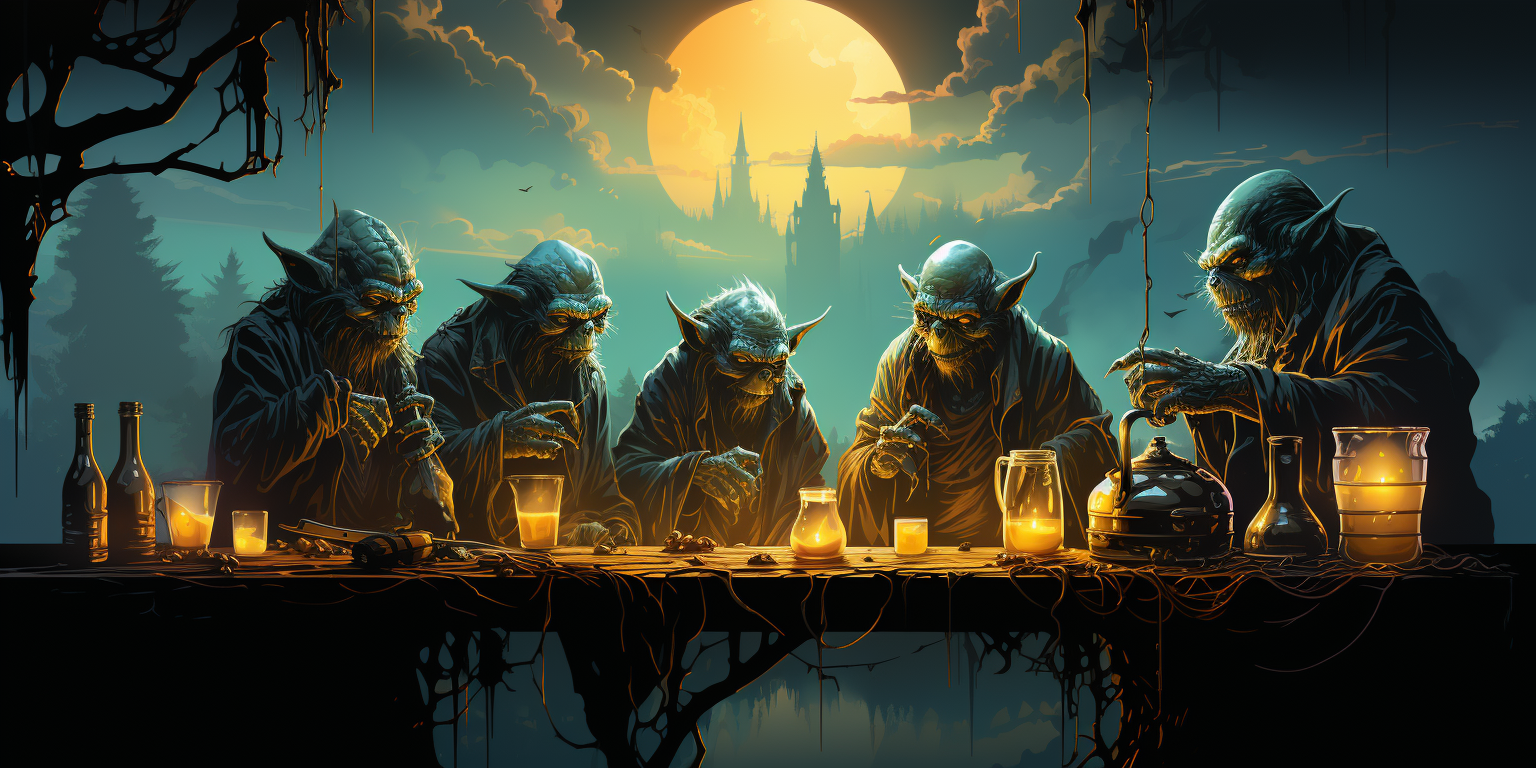 Simplistic professional vector of goblin friends brewing beer