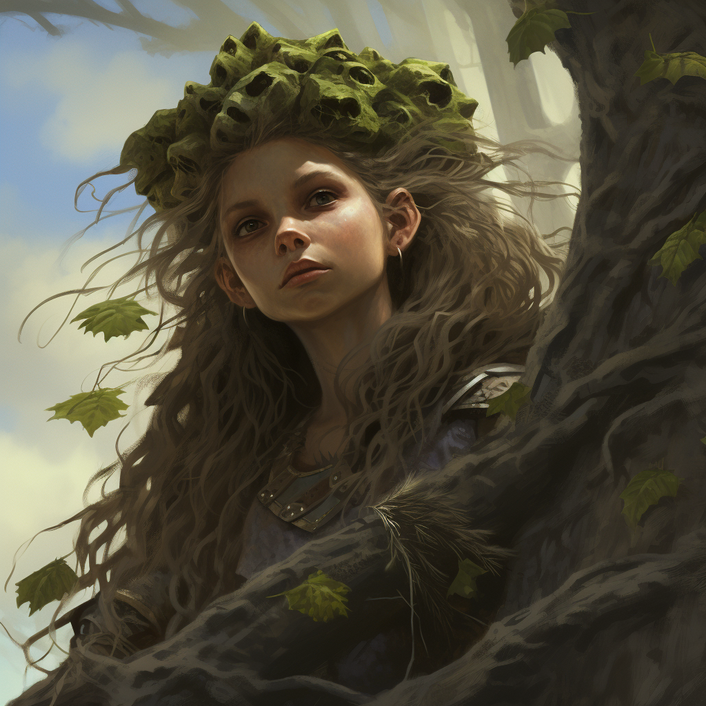 Beautiful goblin girl dryad surrounded by giant branches