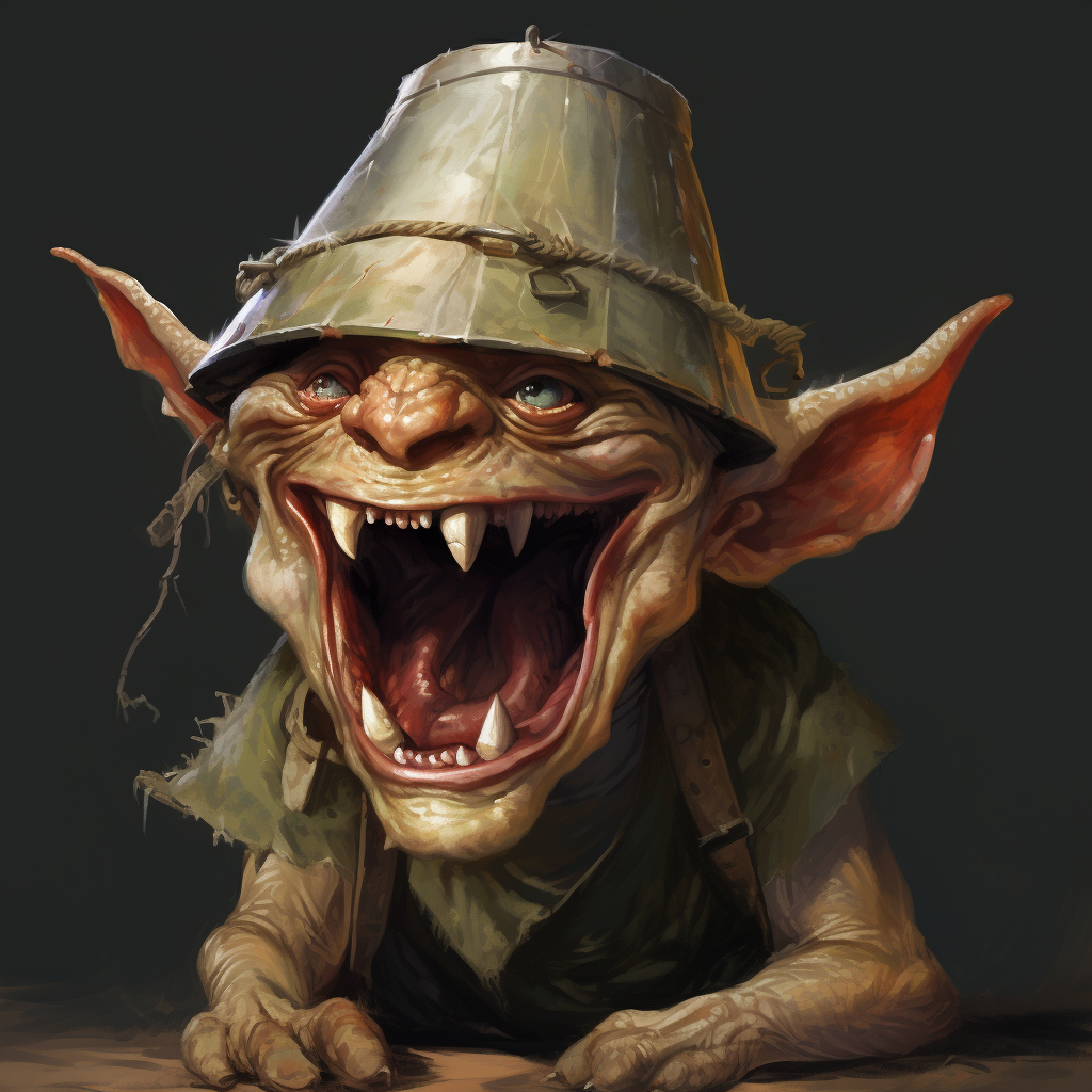 Goblin wearing helmet snarling with teeth