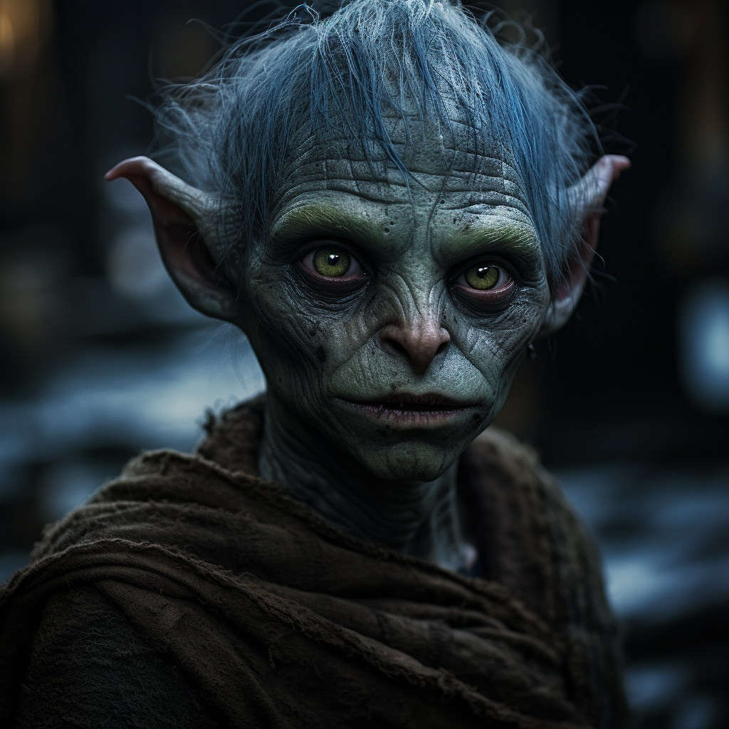 Young goblin with green eyes and blue skin in labyrinth