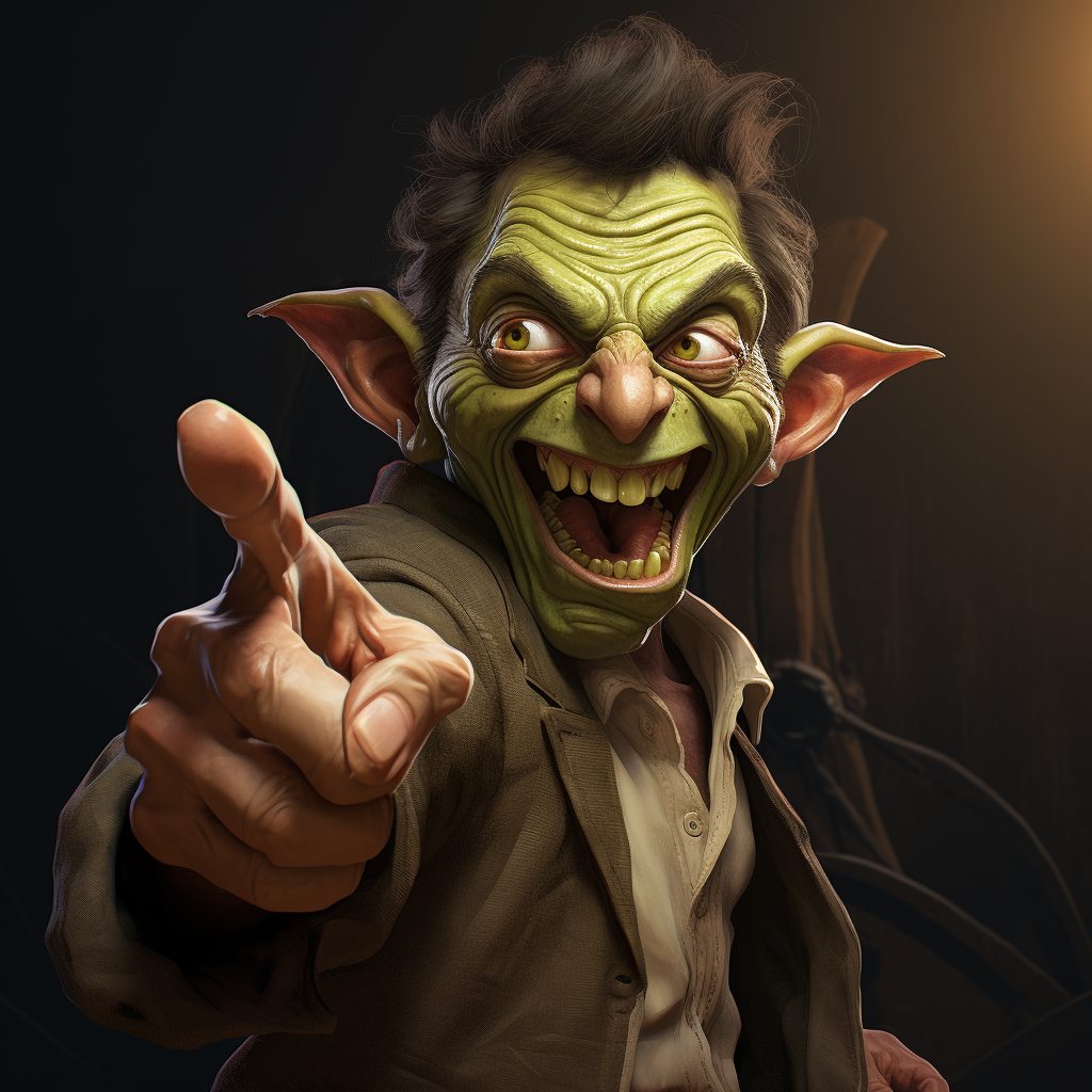 Funny goblin pointing backwards with mouth open