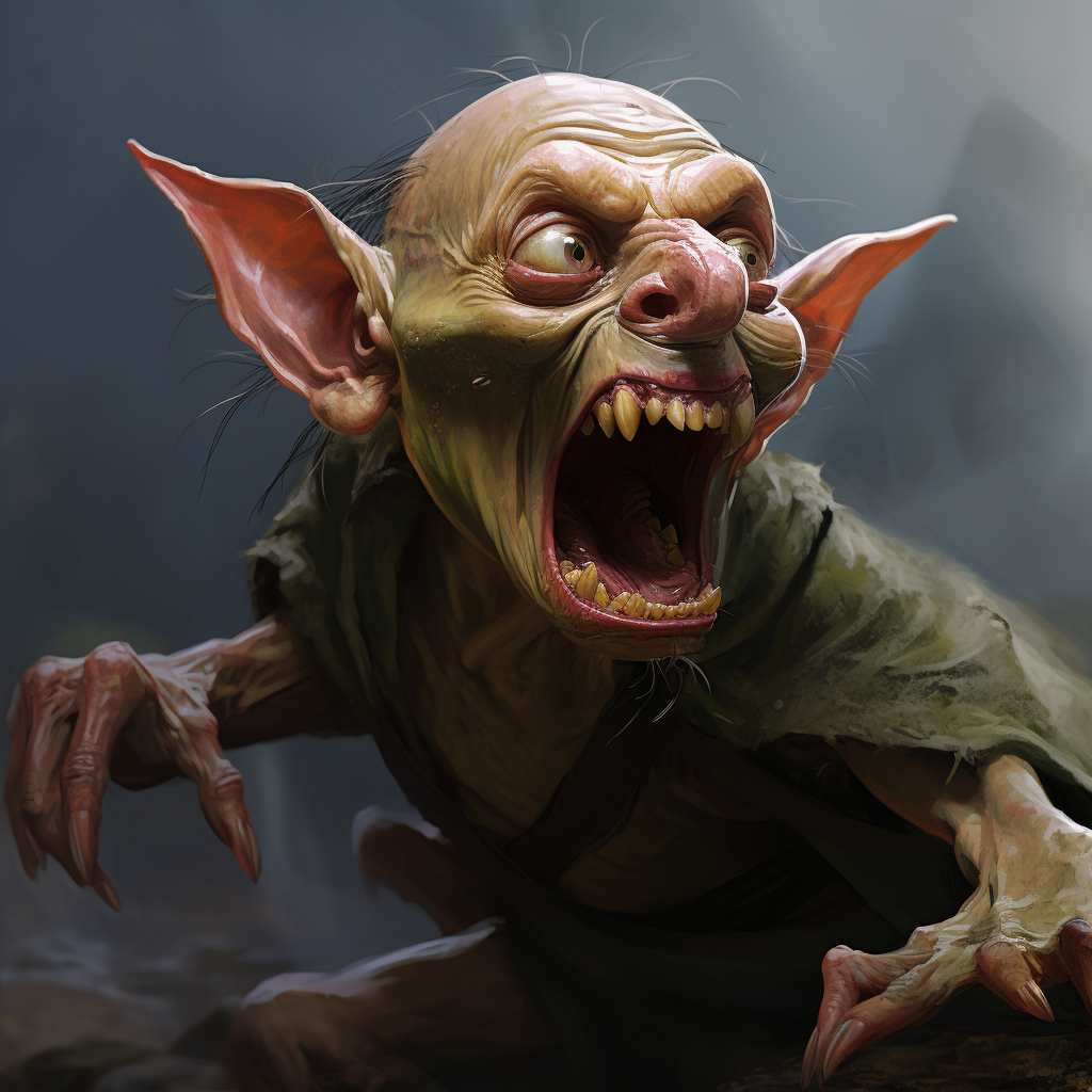 Goblin pointing backwards with open mouth