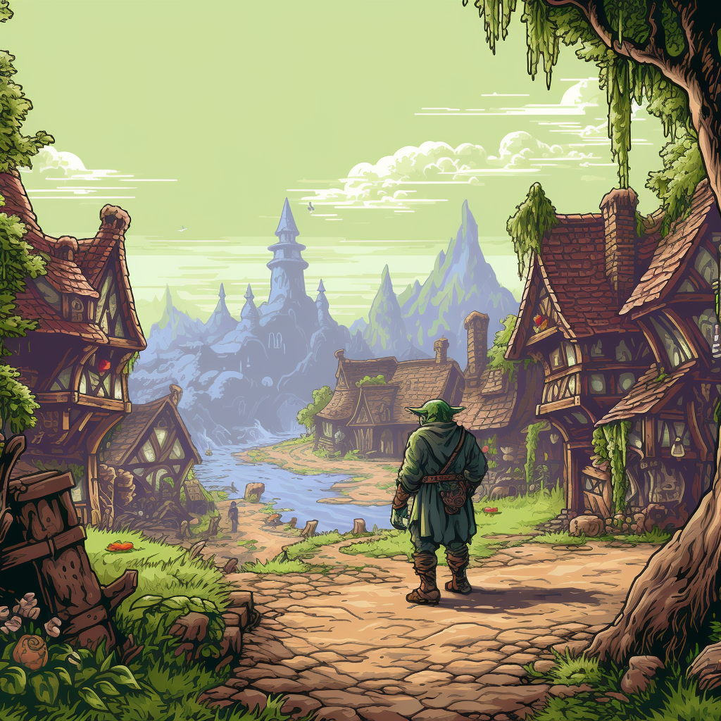 Goblin in RPG game with village background