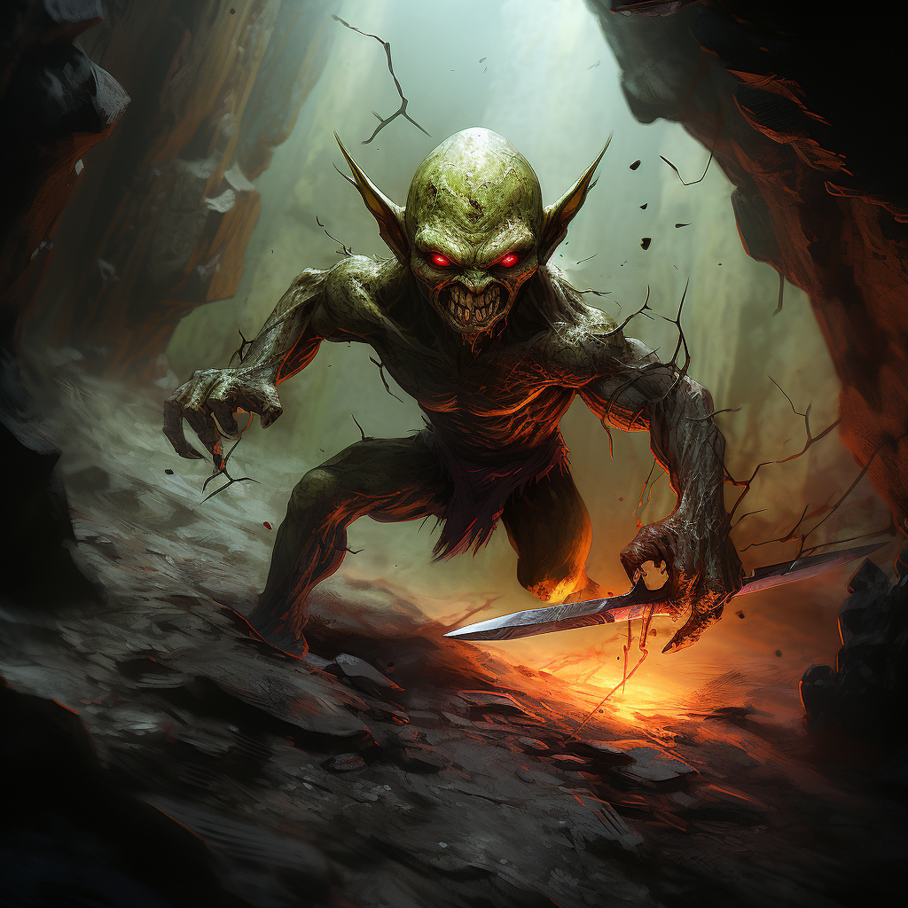 Goblin attacking with rusty knife in catacomb