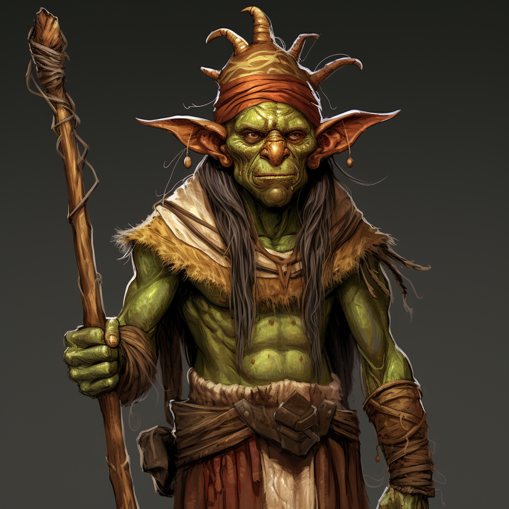 Colorful Goblin Shaman with Headpiece and Staff